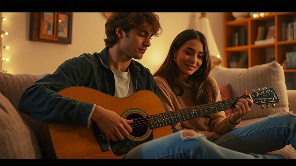 Zion strumming his guitar, sharing a heartfelt moment of love with Rylee